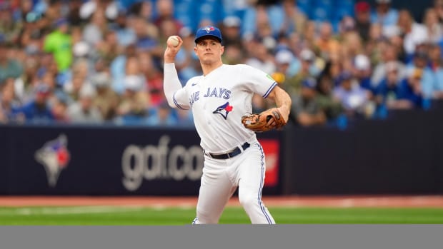 Aug 2, 2023; Toronto, Ontario, CAN; Toronto Blue Jays third baseman Matt Chapman (26) goes to throw out Baltimore Orioles second baseman Jordan Westburg (not pictured) during the second inning at Rogers Centre. Mandatory Credit: John E. Sokolowski-USA TODAY Sports